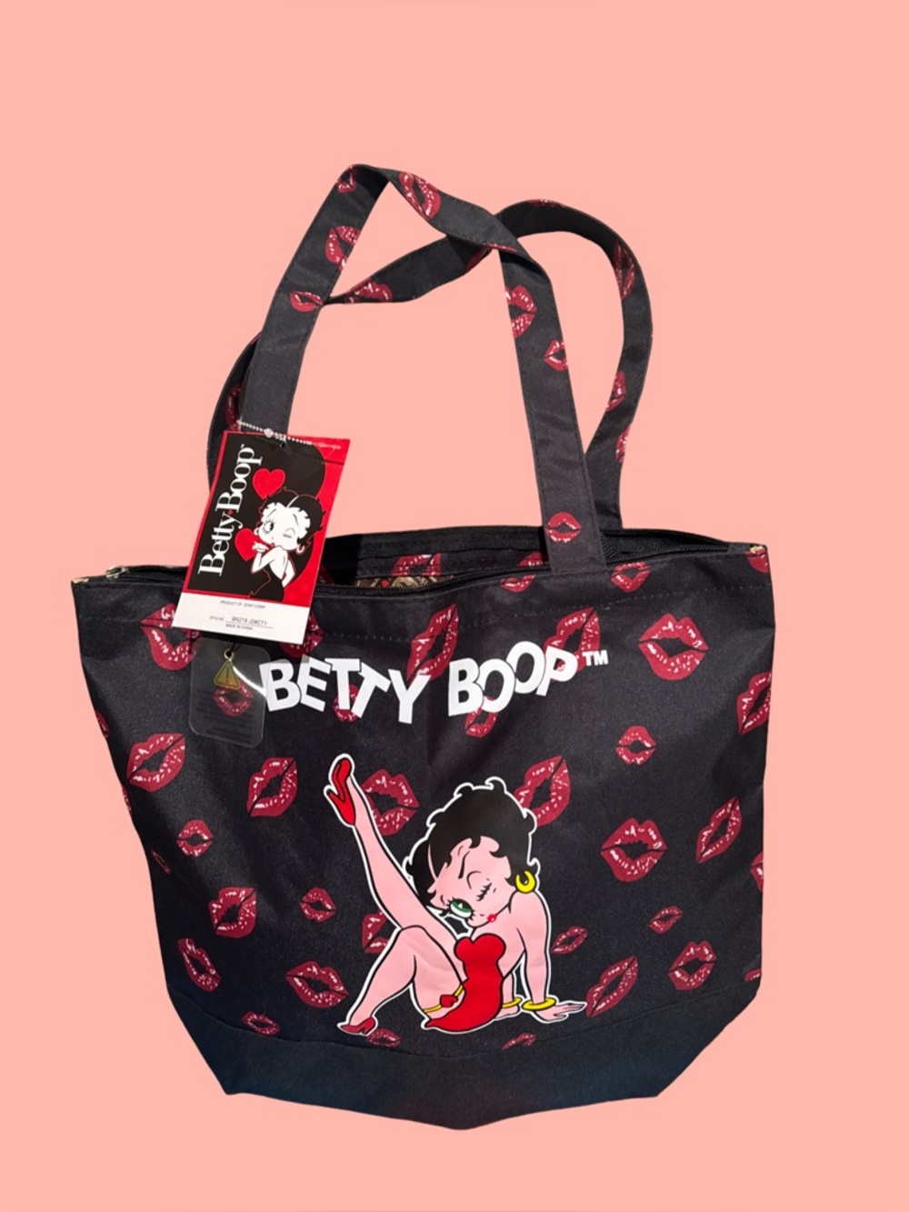 Betty Boop Black Tote with Red Lip-Print and Character Graphic